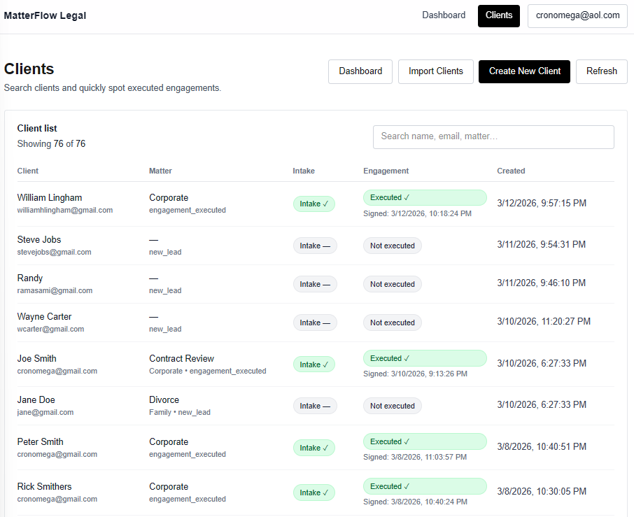 MatterFlow Legal clients list view