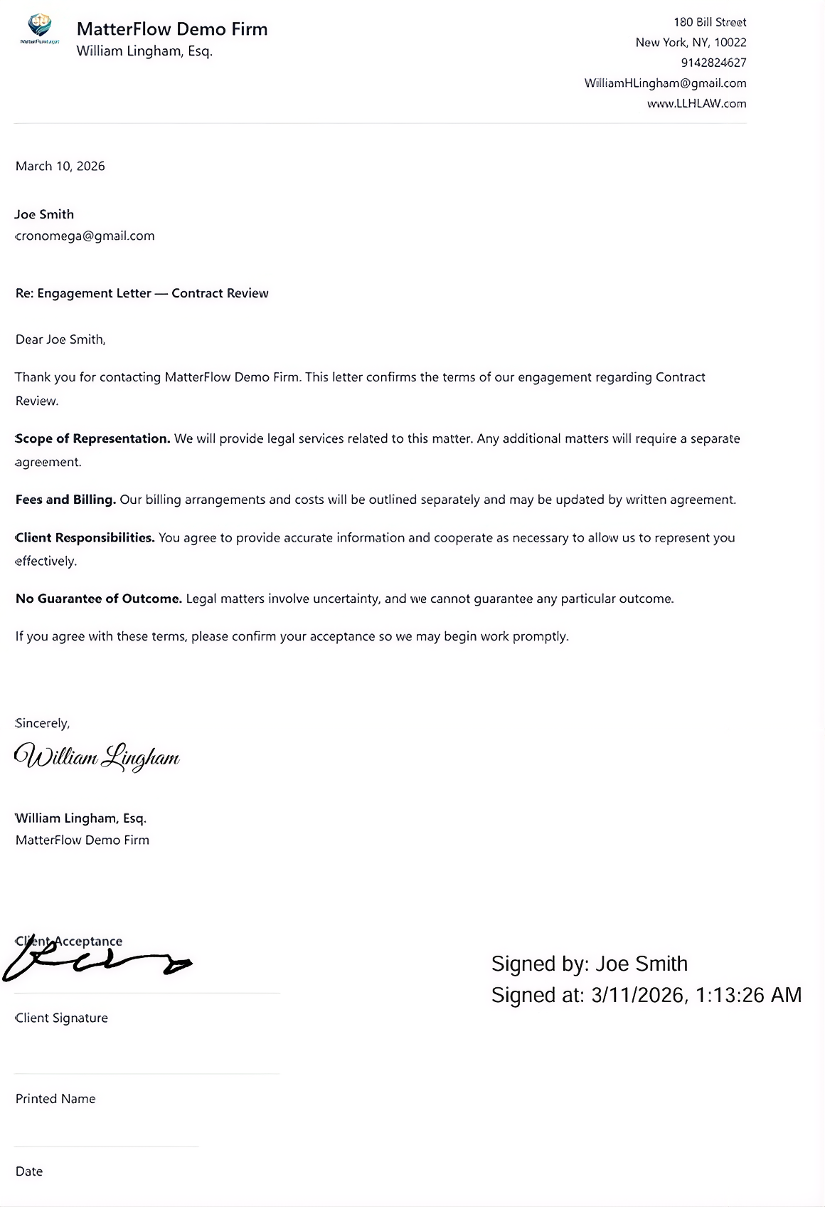 MatterFlow Legal executed PDF and audit record